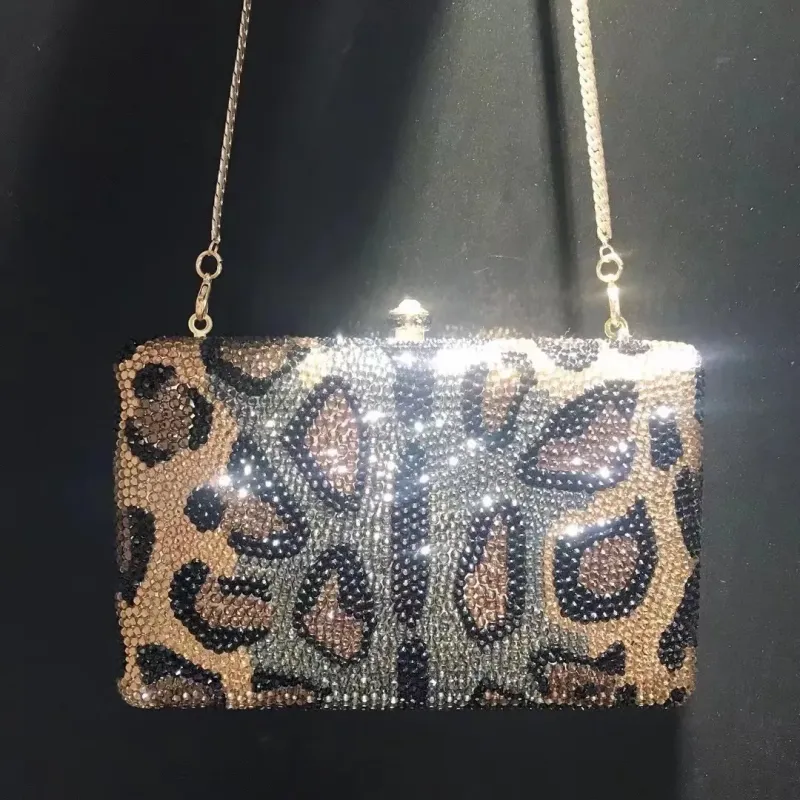 Leopard Print Women Evening Clutch Bags Diamond Dinner Purses White/Black/Gold Luxury Lady Rhinestone Party Prom Clutches Bags
