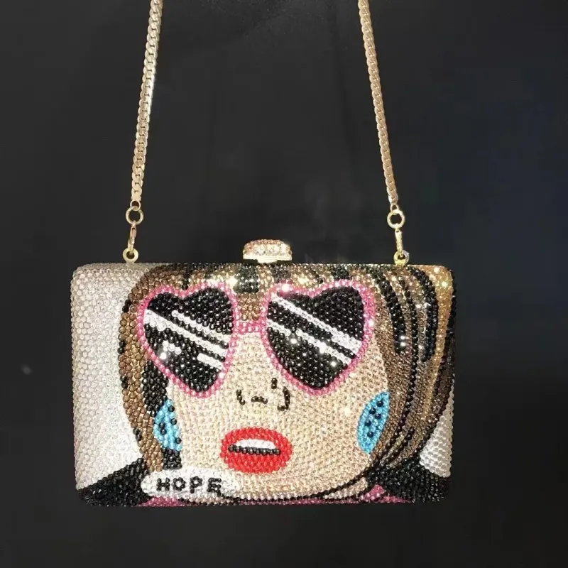 High-End Beauty Face Women Evening Party Clutches WHTUOHENG Full Diamond Crystal Wedding Bridal Bag Luxury Lady Girls Handbags