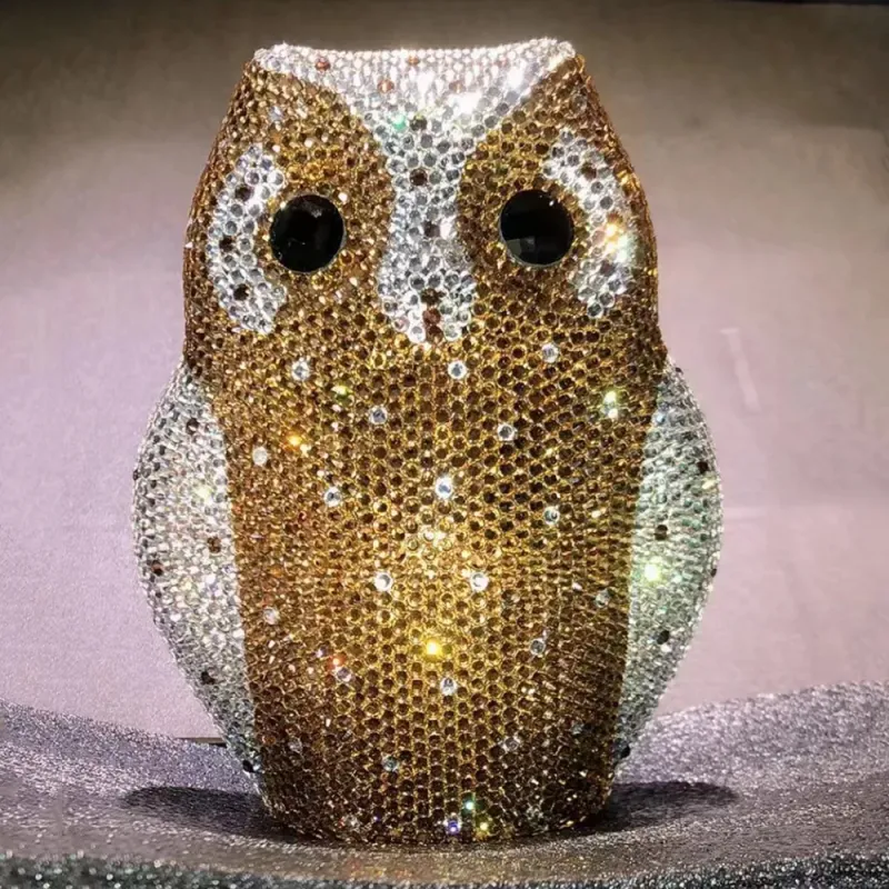 WHTUOHENG Diamond Owl Evening Bag Purse Women's Luxury Crystal Wedding Purse Gold/White Rhinestone Party Prom Handbag Minaudiere