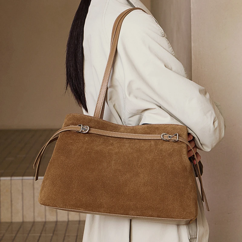 Burminsa Suede Cow Genuine Leather Large Shoulder Tote Bags For Women 2026 Luxury Designer Bucket Shopper Office Ladies Handbags
