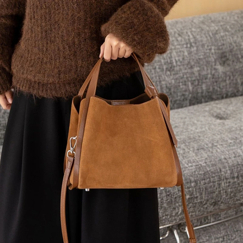 Burminsa Cowhide Suede Genuine Leather Tote Handbags For Women 2026 Luxury Designer Bucket Work Ladies Shoulder Crossbody Bags