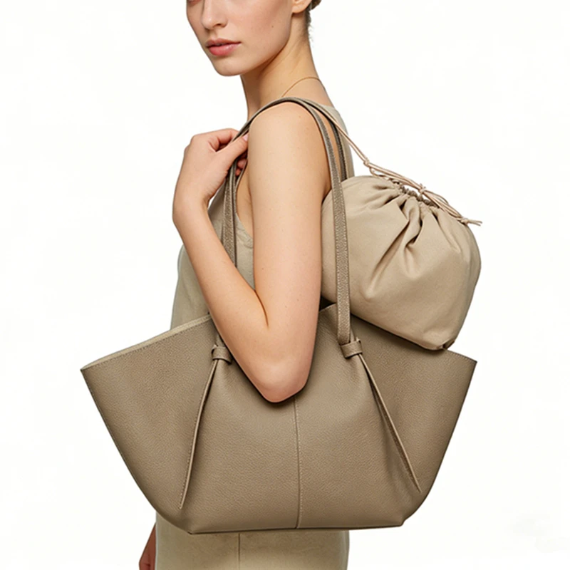 BURMINSA Luxury Genuine Leather Tote Bags For Women Cowhide Commuter Handbags Minimalist Daily Shopping Travel Shoulder Purses