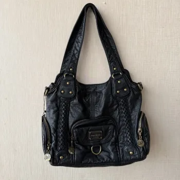Vintage Distressed Leather Tote Bag, Retro Braided Shoulder Bag with Antique Brass Hardware, Multi-Pocket Hobo Handbag for Women
