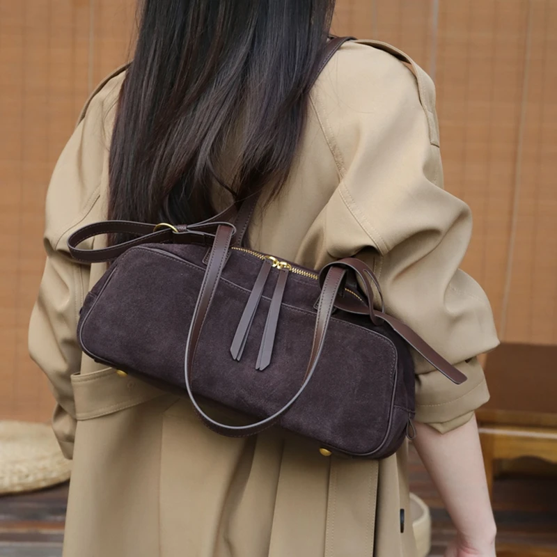 BURMINSA Luxury Genuine Suede Leather Shoulder Bags For Women Vintage Underarm Purses Designer Bowling Tote Office Work Handbags