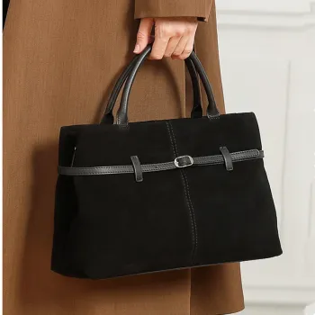BURMINSA Genuine Suede Leather Commuter Tote Bags For Women 2026 Luxury Top Handle Cow Handbags Office Crossbody Shoulder Purses