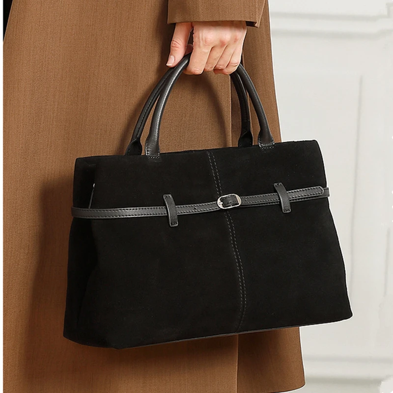 BURMINSA Genuine Suede Leather Commuter Tote Bags For Women 2026 Luxury Top Handle Cow Handbags Office Crossbody Shoulder Purses