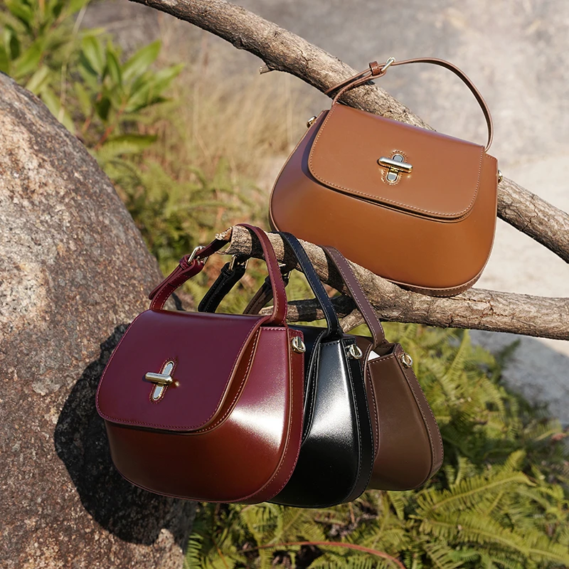 BURMINSA Genuine Leather Half Moon Bags For Women Luxury Designer Shoulder Crossbody Bags Elegant Top Handle Purses Office Lady