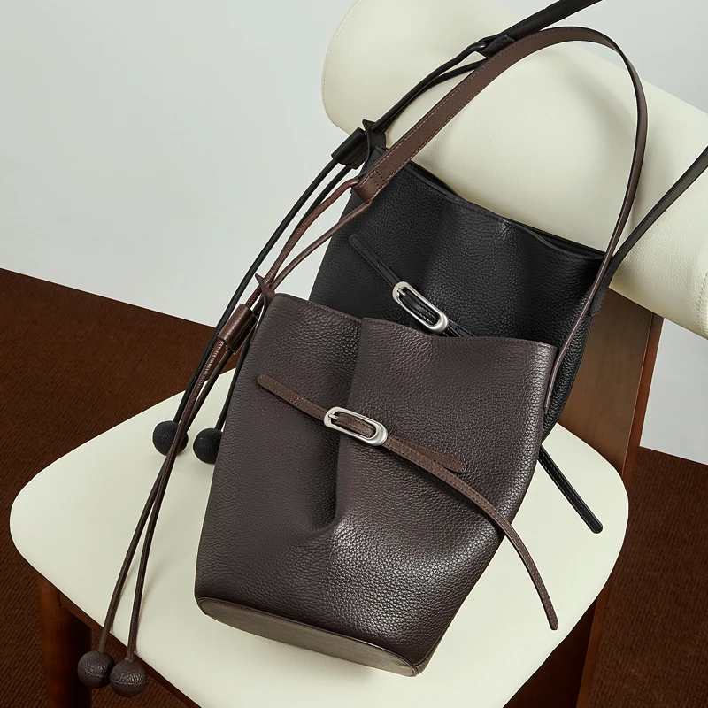 BURMINSA Luxury Genuine Leather Bucket Bags For Women Designer Minimalist Shoulder Crossbody Purses Elegant Work Tote Handbags