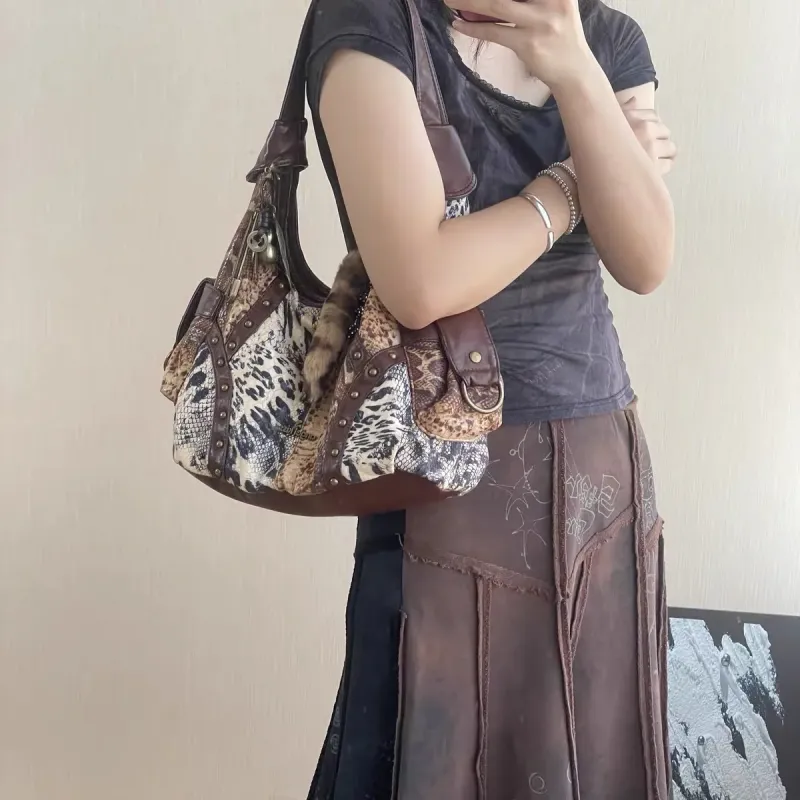 Vintage Women's Shoulder Bag Large Fashion Leopard Print Top-Handle Satchel Dumpling Tote Hobos Handbags