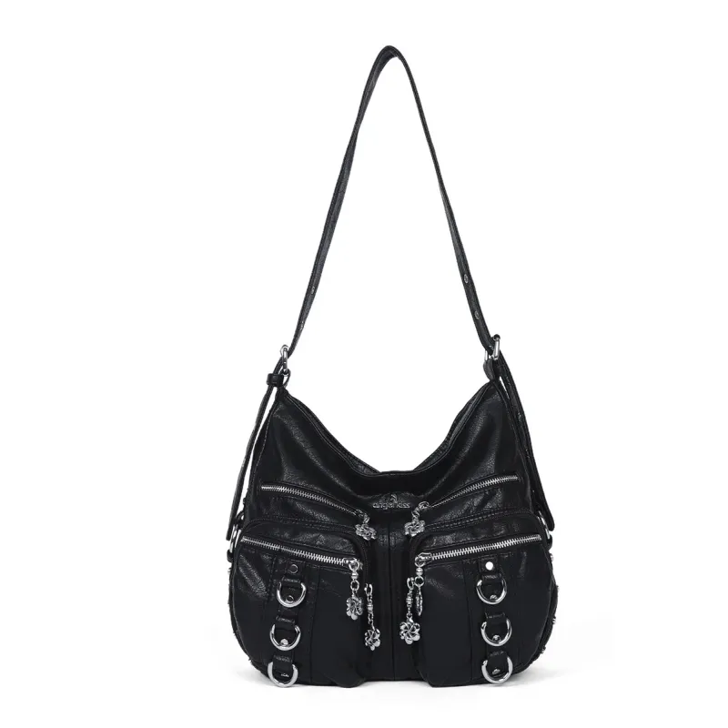 Women's Bag PU Shoulder Bag Soft Fashion Handbag Large Vintage Black Dyeing Dumpling Pack Multi-pockets Crossbody Bag
