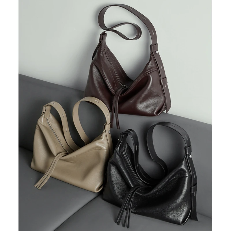 Burminsa Cowhide Genuine Leather Soft Hobo Shoulder Bags For Women 2026 Luxury Designer Crossbody Shopper Work Ladies Handbags