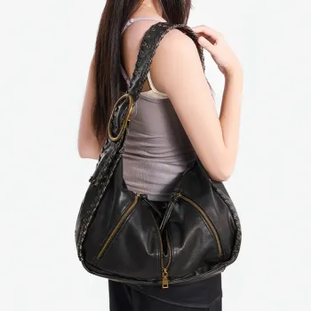 Venn Angel Vintage Handbag Black Hobo Bag for Women, Soft Faux Leather Shoulder Bag with Braided Strap & Multi-Zipper Pockets