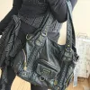 Vintage Distressed Leather Tote Bag, Retro Braided Shoulder Bag with Antique Brass Hardware, Multi-Pocket Hobo Handbag for Women