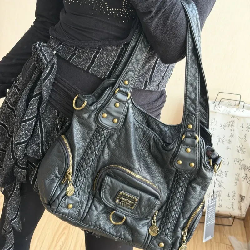 Vintage Distressed Leather Tote Bag, Retro Braided Shoulder Bag with Antique Brass Hardware, Multi-Pocket Hobo Handbag for Women