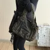Retro Washed Leather Tote Bag Distressed Braided Detail Shoulder Bag Purse with Antique Gold Hardware Large Hobo Handbag