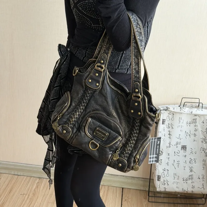Retro Washed Leather Tote Bag Distressed Braided Detail Shoulder Bag Purse with Antique Gold Hardware Large Hobo Handbag