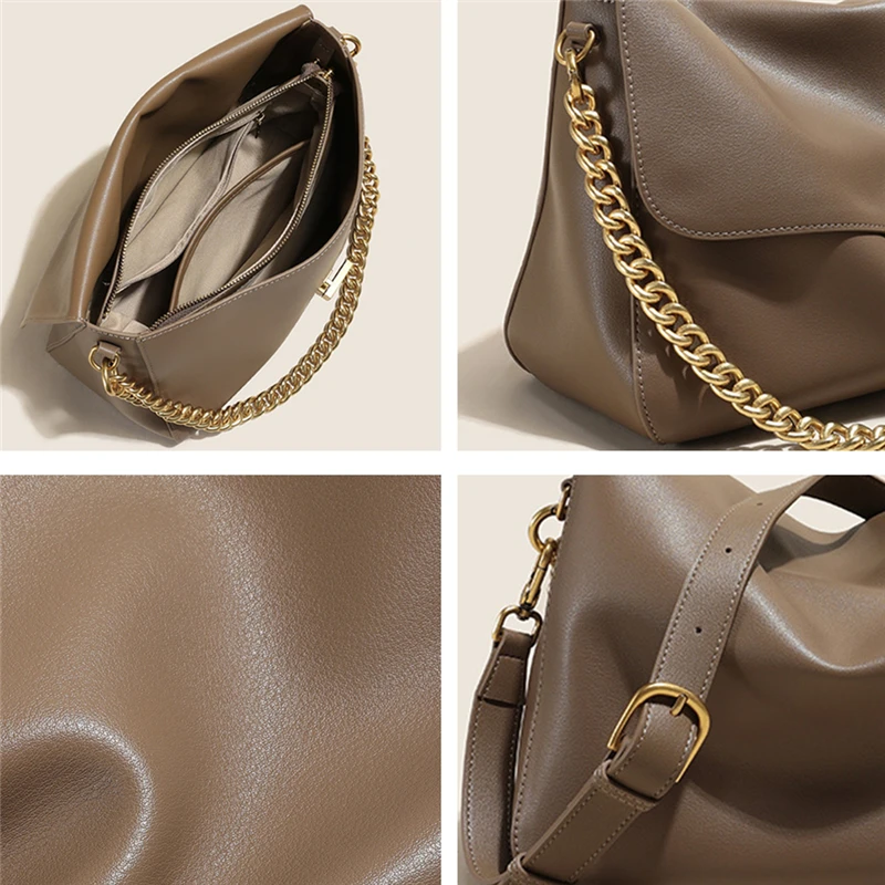 BURMINSA Minimalist Genuine Leather Chain Shoulder Bags For Women 2026 Elegant Flap Crossbody Satchel Structured Female Handbags