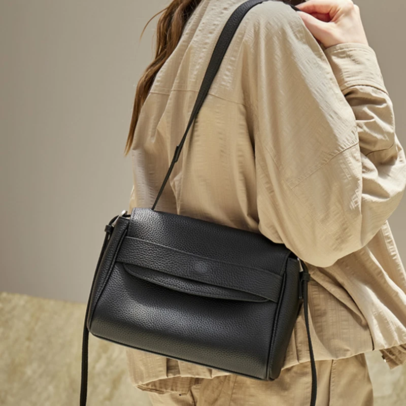 BURMINSA Luxury Genuine Leather Shoulder Bags For Women Lychee Grain Satchel Flap Crossbody Purses Commuter Office Tote Handbags