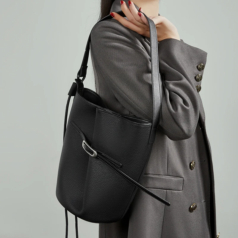 BURMINSA Luxury Genuine Leather Bucket Bags For Women Designer Minimalist Shoulder Crossbody Purses Elegant Work Tote Handbags