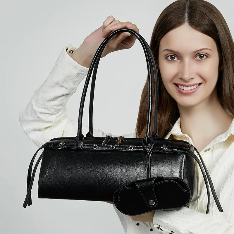 BURMINSA Luxury Genuine Leather Underarm Shoulder Bags For Women Retro Designer Cowhide Boston Tote Purse Office Ladies Handbags