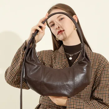 Burminsa Vintage Genuine Leather Crescent Underarm Shoulder Bags For Women 2026 Luxury Designer Crossbody Hobo Ladies Handbags