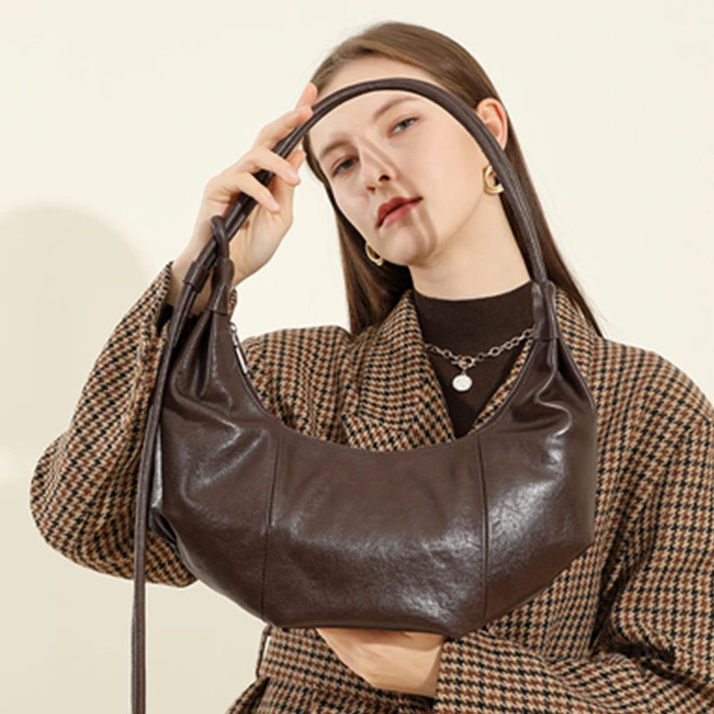 Burminsa Vintage Genuine Leather Crescent Underarm Shoulder Bags For Women 2026 Luxury Designer Crossbody Hobo Ladies Handbags