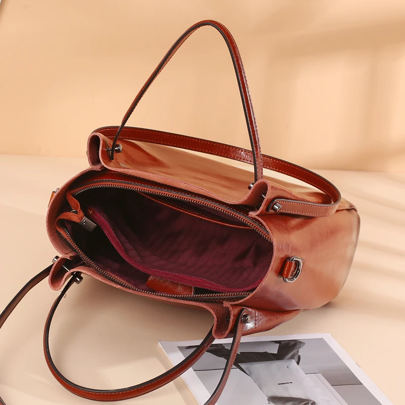 BURMINSA Vintage Genuine Leather Bucket Bags For Women Luxury Office Commute Top Handle Tote Elegant Shoulder Crossbody Handbags