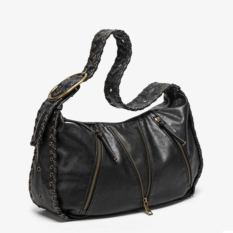 Venn Angel Vintage Handbag Black Hobo Bag for Women, Soft Faux Leather Shoulder Bag with Braided Strap & Multi-Zipper Pockets