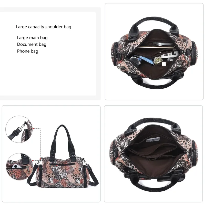 Vintage Washed Black Multi-Pocket Satchel Bag, Large Capacity Convertible Crossbody Shoulder Handbag with Detachable Strap