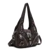 Vintage Western Buckle Hobo Bag, Black PU Leather Y2K Shoulder Purse with Silver Rivets, Adjustable Strap & Multi-Zipper Pockets