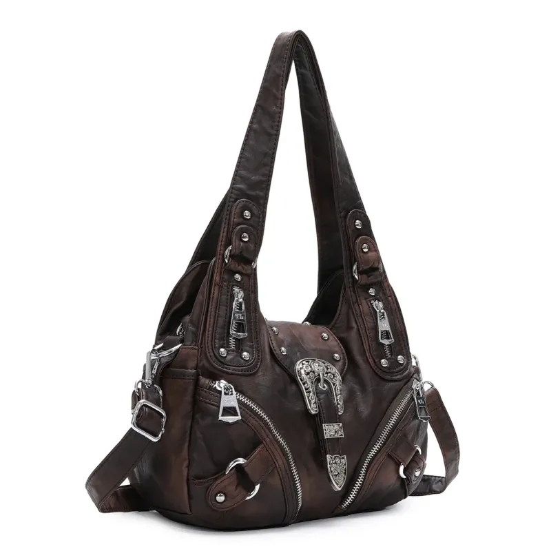 Vintage Western Buckle Hobo Bag, Black PU Leather Y2K Shoulder Purse with Silver Rivets, Adjustable Strap & Multi-Zipper Pockets