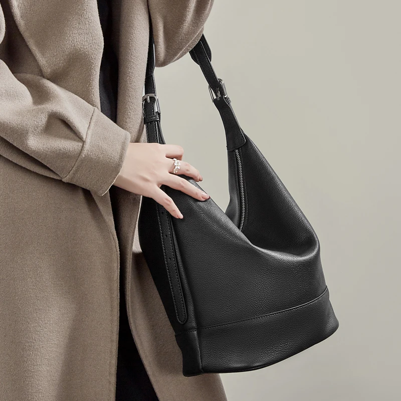 BURMINSA Luxury Genuine Leather Bucket Shoulder Bags For Women Designer Hobo Crossbody Purse Large Capacity Work Ladies Handbags