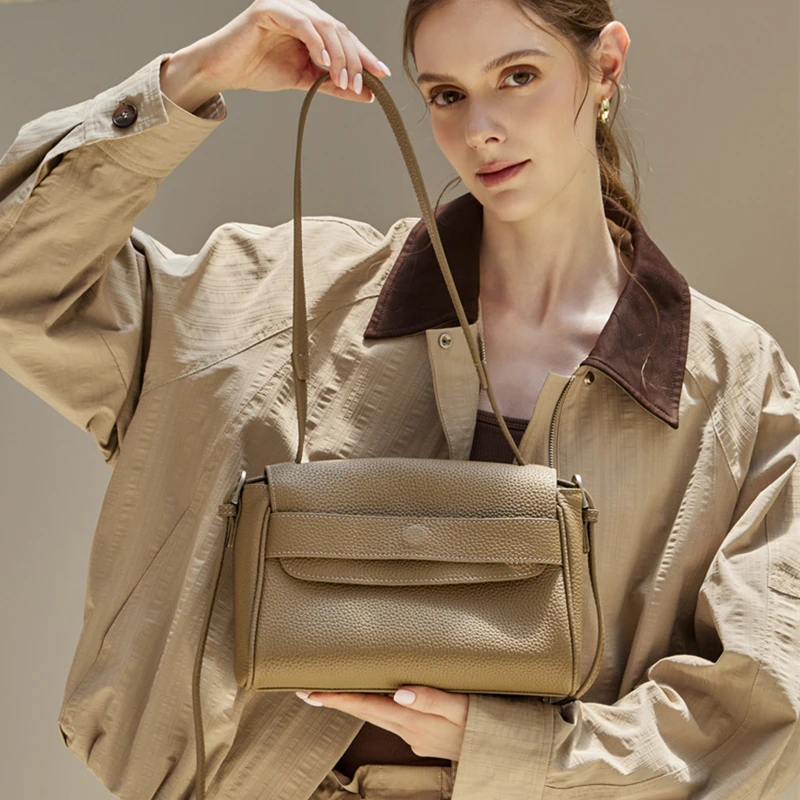 BURMINSA Luxury Genuine Leather Shoulder Bags For Women Lychee Grain Satchel Flap Crossbody Purses Commuter Office Tote Handbags