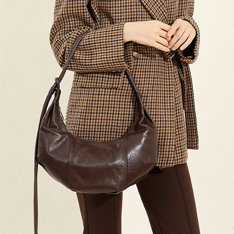 Burminsa Vintage Genuine Leather Crescent Underarm Shoulder Bags For Women 2026 Luxury Designer Crossbody Hobo Ladies Handbags
