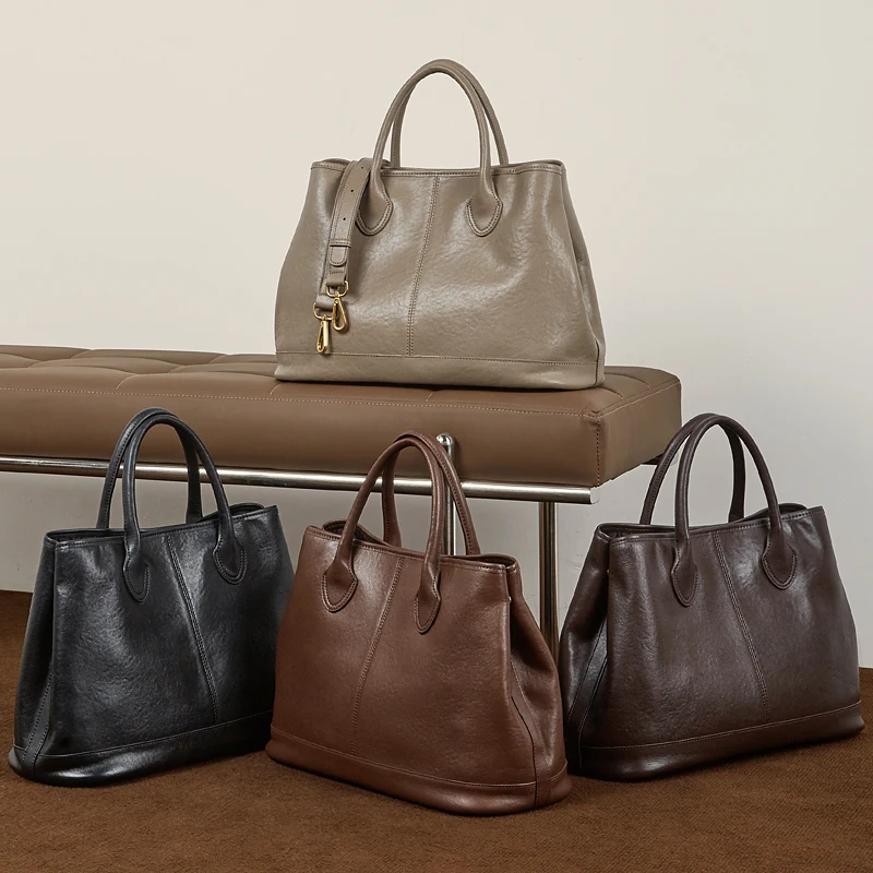 BURMINSA Genuine Cowhide Leather Women Tote Bags Vintage Luxury Large Work Shoulder Crossbody Handbags Business Commuter Purses