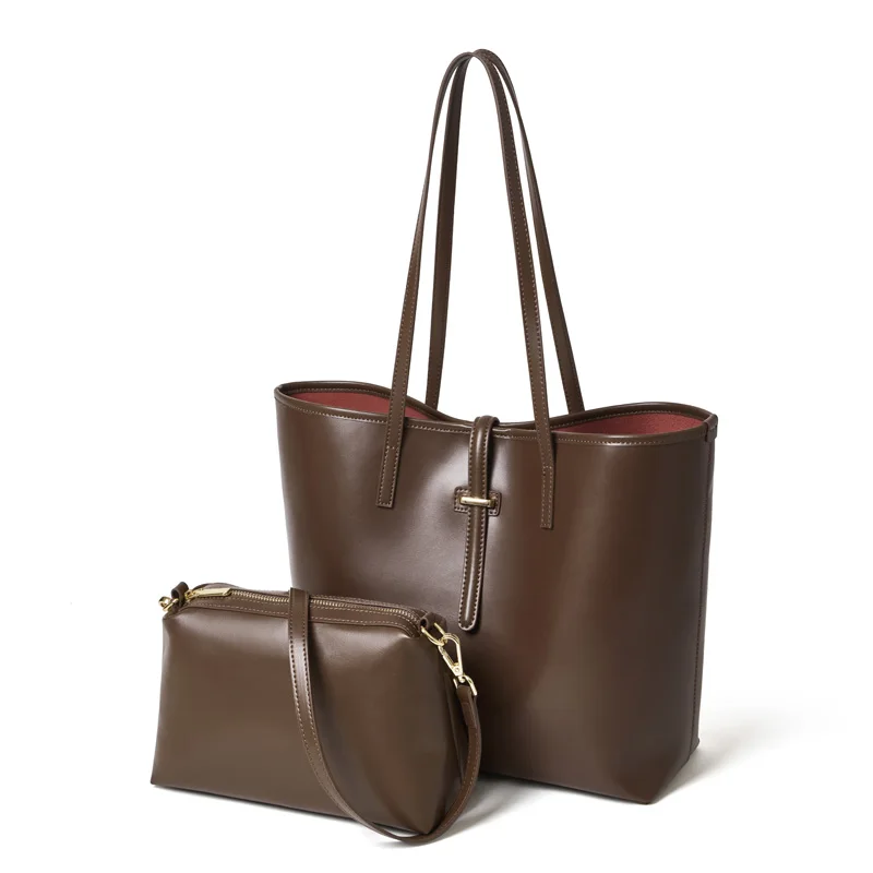 BURMINSA 2 Pcs/Set Genuine Leather Tote Bags For Women Minimalist Shoulder Purse Large Capacity Office Commuter Shopper Handbags
