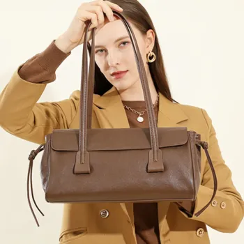 BURMINSA Luxury Genuine Leather Handbags Women French Vintage Underarm Shoulder Bags Cowhide Satchel Tote Pillow Office Purses