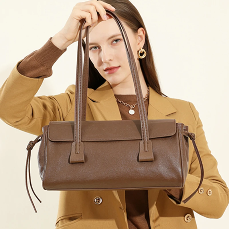 BURMINSA Luxury Genuine Leather Handbags Women French Vintage Underarm Shoulder Bags Cowhide Satchel Tote Pillow Office Purses