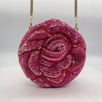 WHTUOHENG Rose Flower Evening Crystal Clutches Purses Diamond Wedding Clutches Rhinestones Hard Metal Bags Dinner Bridal Party