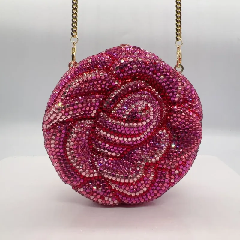 WHTUOHENG Rose Flower Evening Crystal Clutches Purses Diamond Wedding Clutches Rhinestones Hard Metal Bags Dinner Bridal Party