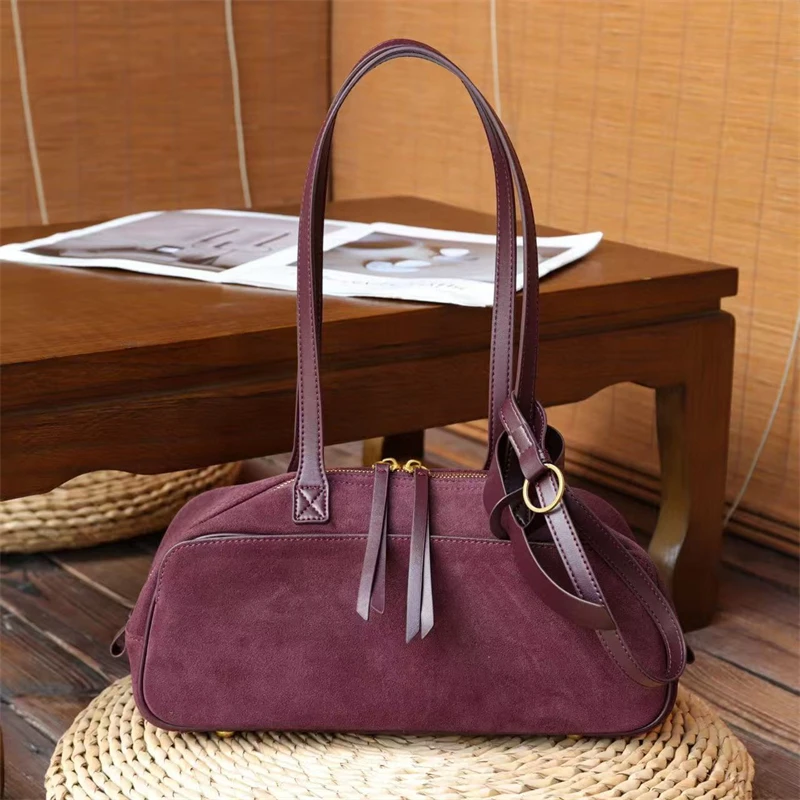 BURMINSA Luxury Genuine Suede Leather Shoulder Bags For Women Vintage Underarm Purses Designer Bowling Tote Office Work Handbags