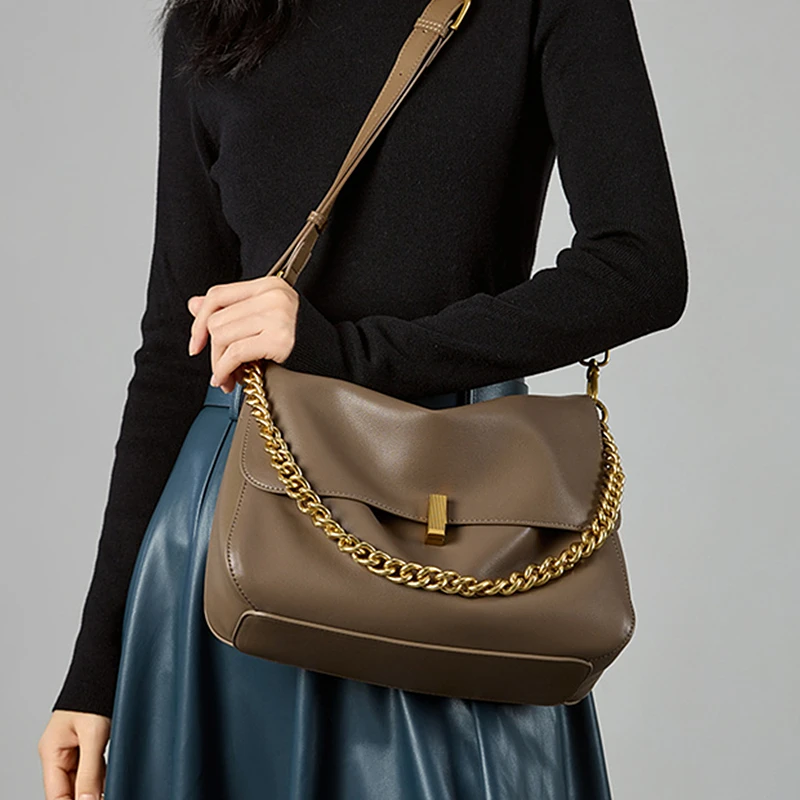 BURMINSA Minimalist Genuine Leather Chain Shoulder Bags For Women 2026 Elegant Flap Crossbody Satchel Structured Female Handbags