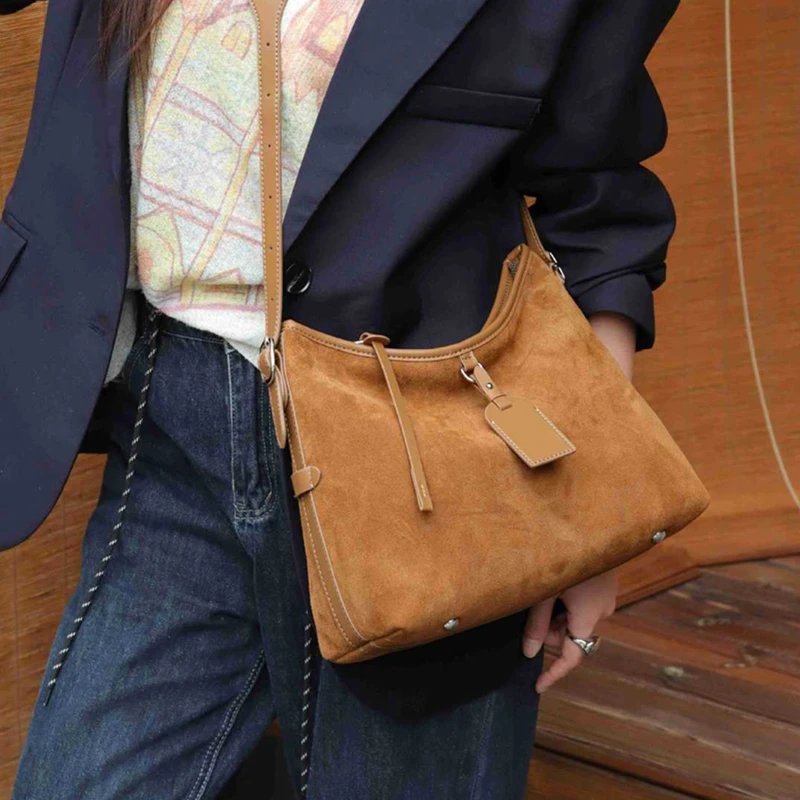 BURMINSA Suede Genuine Leather Hobo Shoulder Bags For Women Luxury Designer Soft Bucket Tote Elegant Messenger Ladies Handbags