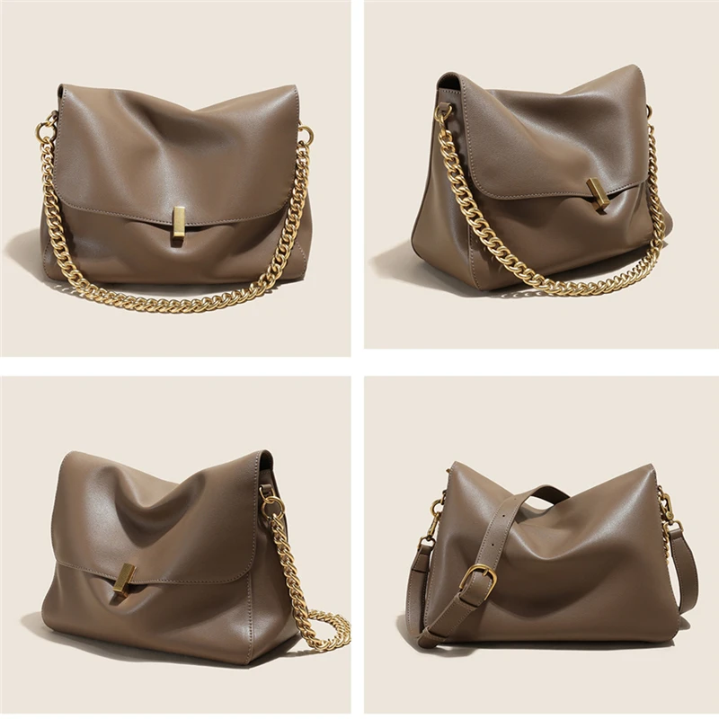 BURMINSA Minimalist Genuine Leather Chain Shoulder Bags For Women 2026 Elegant Flap Crossbody Satchel Structured Female Handbags