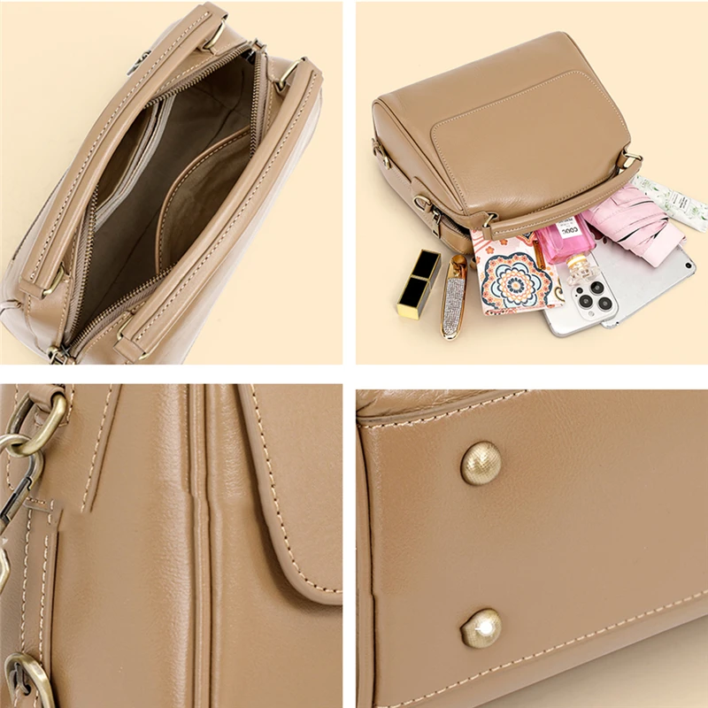 BURMINSA Luxury Genuine Leather Satchel Handbags Women Designer Cowhide Office Work Purses Retro Pillow Shoulder Crossbody Bags