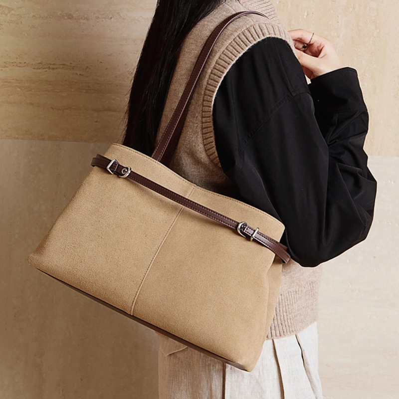 Burminsa Suede Cow Genuine Leather Large Shoulder Tote Bags For Women 2026 Luxury Designer Bucket Shopper Office Ladies Handbags