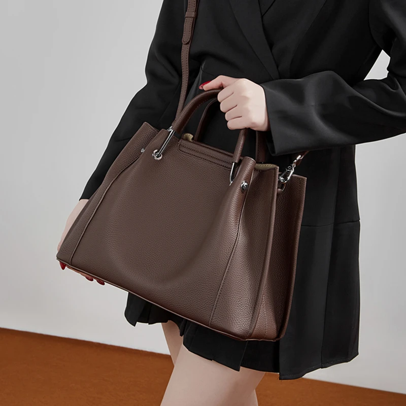 BURMINSA Vintage Genuine Leather Tote Bags For Women Large Capacity Shopper Handbags Casual Daily Work Shoulder Crossbody Bags