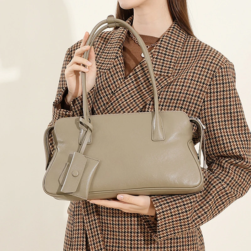 BURMINSA Luxury Genuine Leather Underarm Shoulder Bags For Women Vintage Top Handle Cowhide Boston Purses Office Ladies Handbags