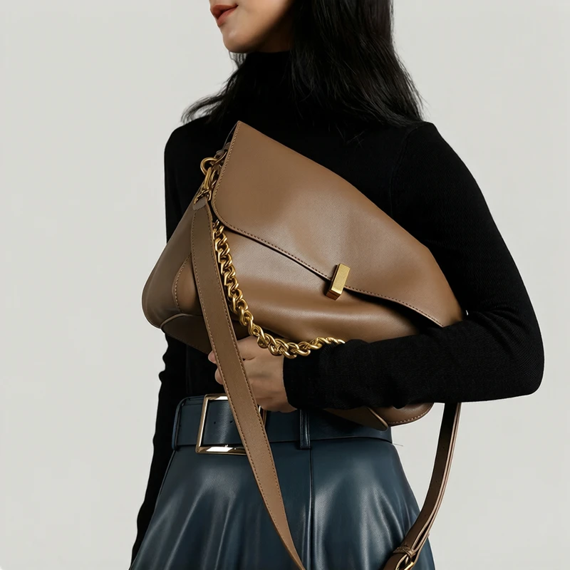 BURMINSA Minimalist Genuine Leather Chain Shoulder Bags For Women 2026 Elegant Flap Crossbody Satchel Structured Female Handbags
