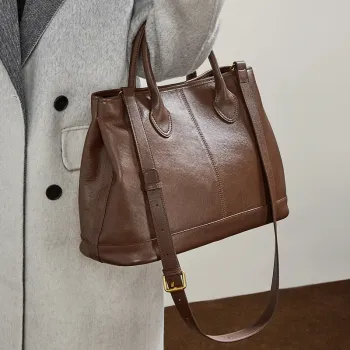 BURMINSA Genuine Cowhide Leather Women Tote Bags Vintage Luxury Large Work Shoulder Crossbody Handbags Business Commuter Purses